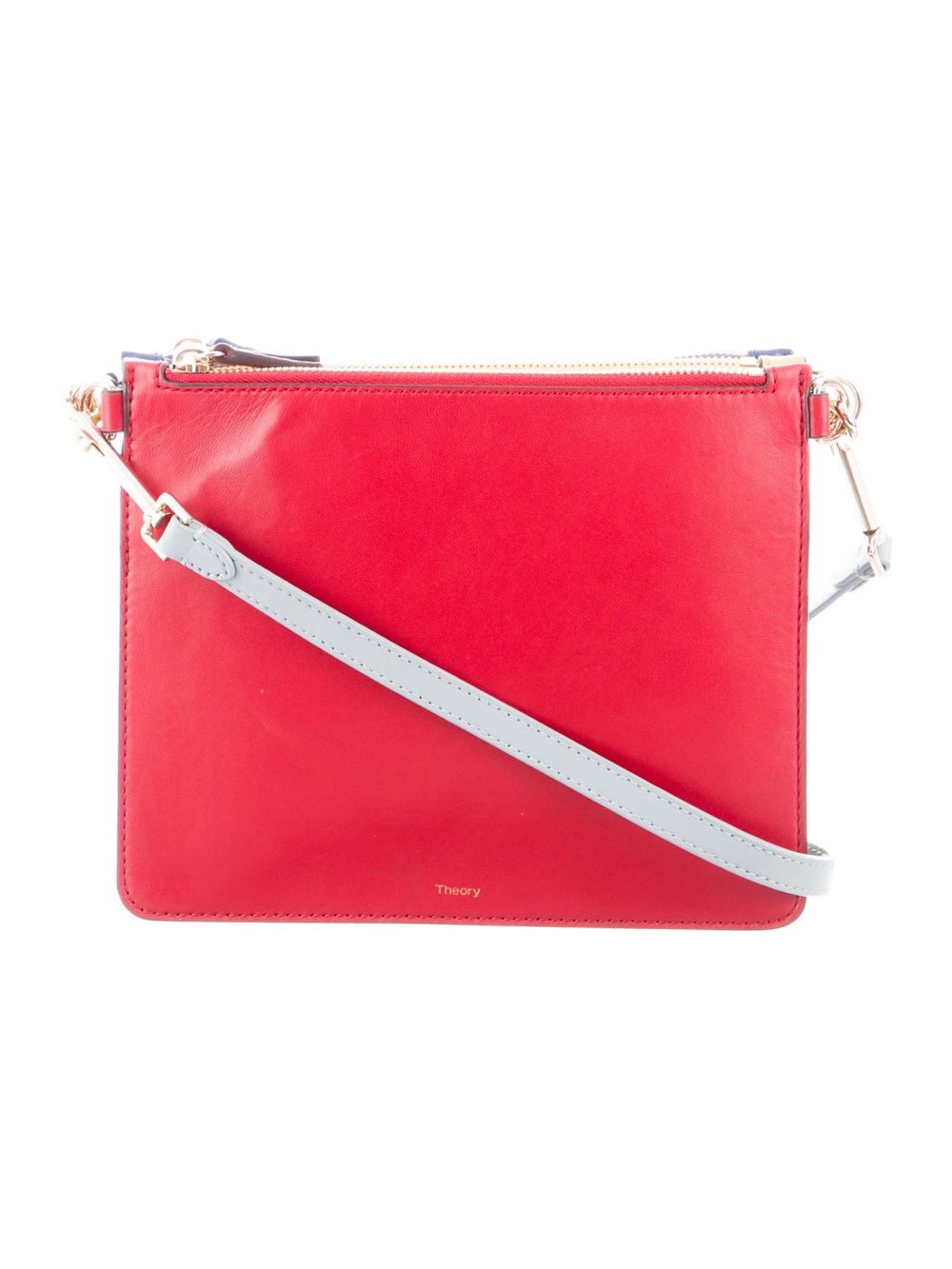 Theory Red Leather Transformer Bag with Light Blue Strap